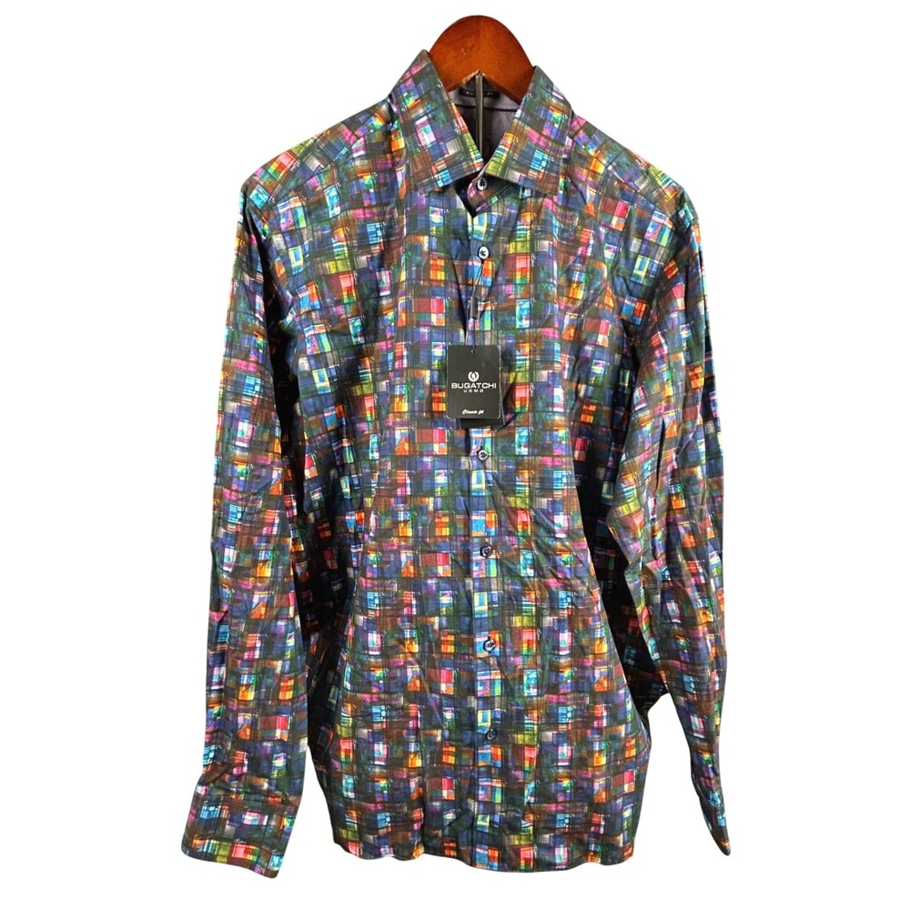 Bugatchi Uomo Mens Classic Fit Multi Color Stained Glass Geometric Shirt NWT M